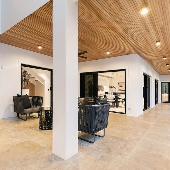 Alfresco area with a finished timber-lined ceiling