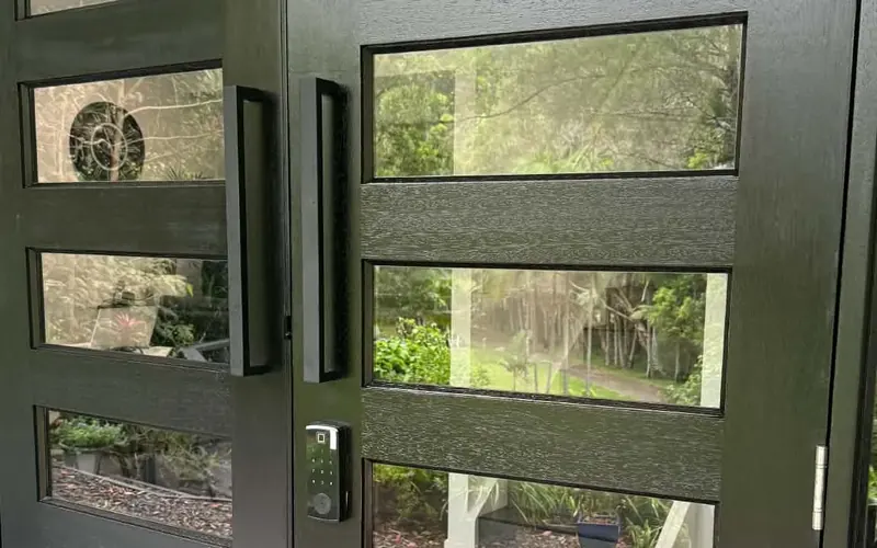 Black japan timber entry doors with glass panels
