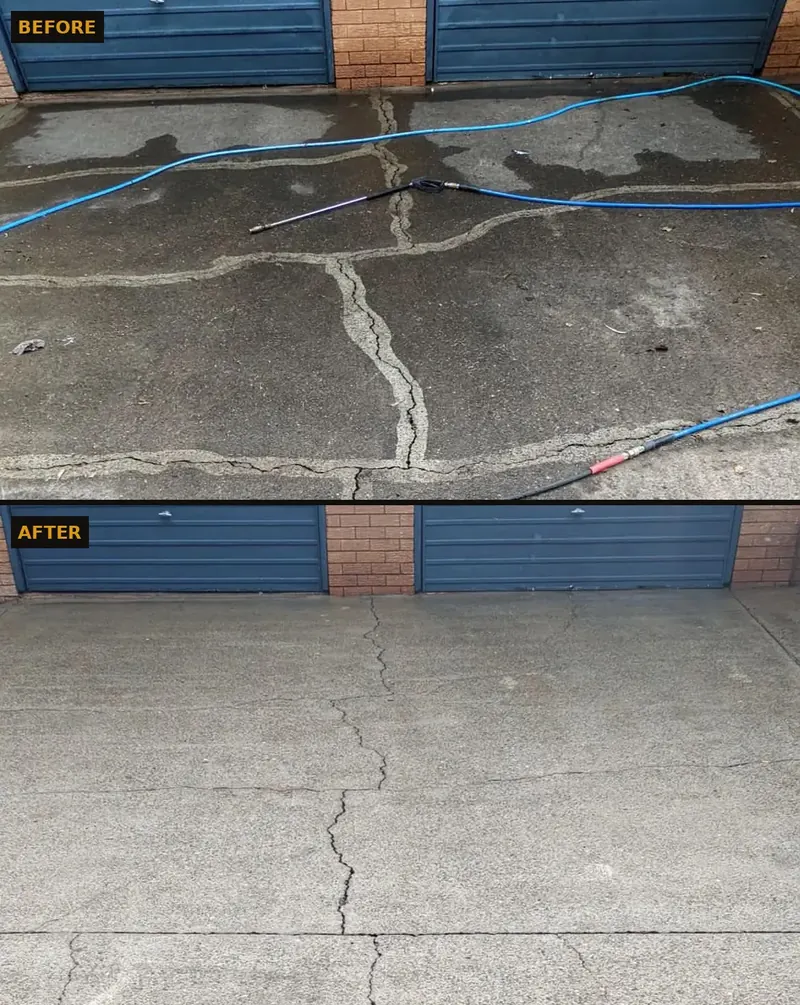 Concrete driveway before and after pressure cleaning