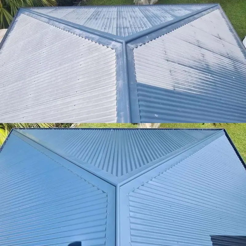 Metal roof before and after a respray, from the same angle